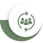 Cartoon icon of three people inside two arrows in circle shape